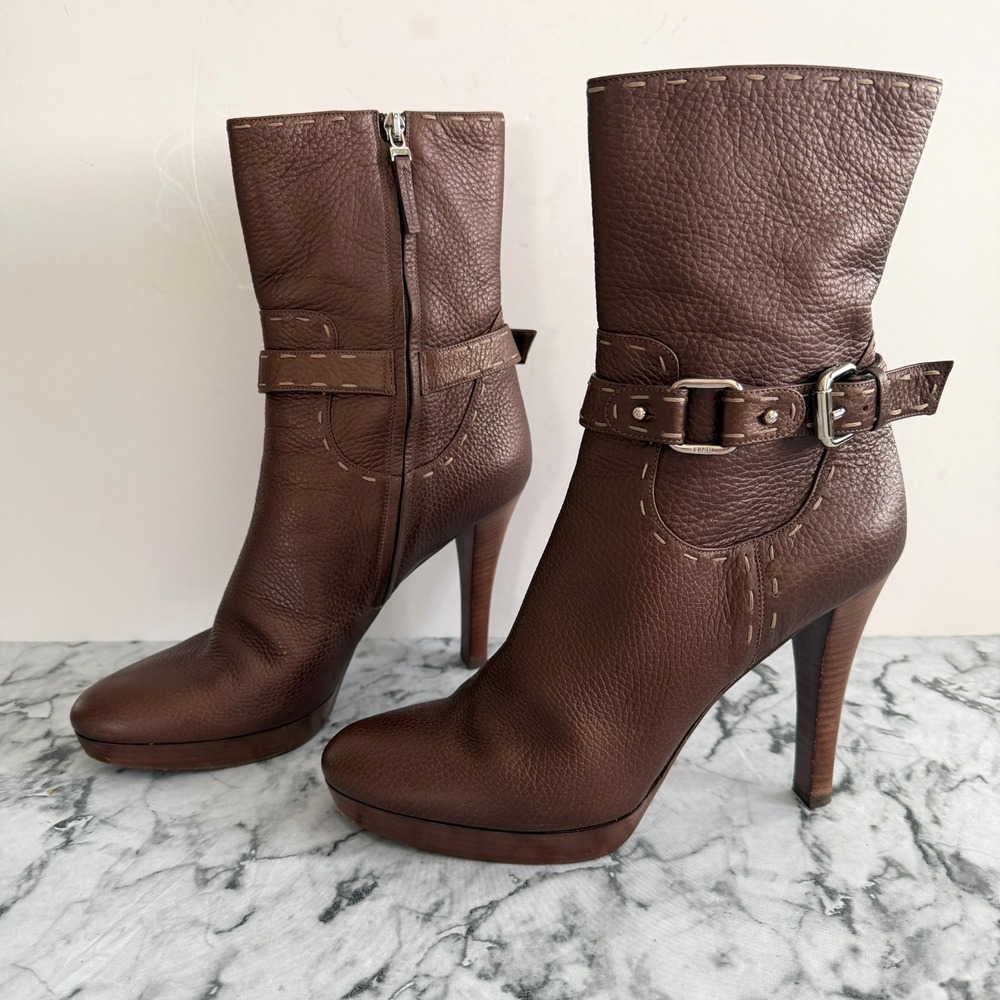 Fendi Italy Brown Pebbled Leather Whipstitch Ankle Buckle Boots Platform 41 (11)